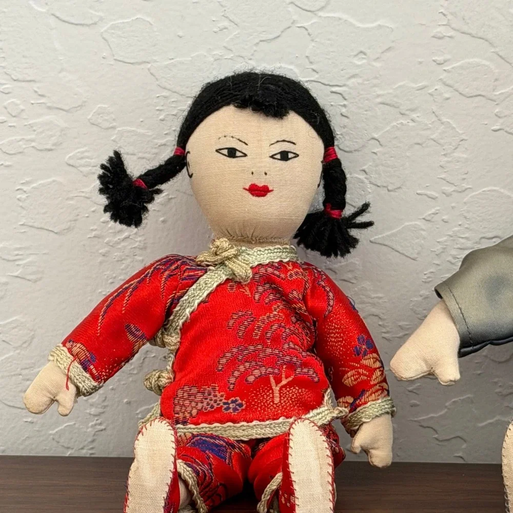Pair Of Vintage Asian Dolls Primitive Blue Red‎ Boy and Girl Unique